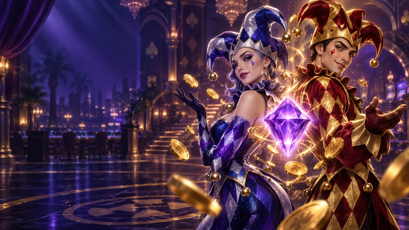 LolaJack Casino harlequin characters surrounded by glowing gems and coins